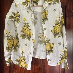 Tahari White and Yellow Pineapple Linen Blouse